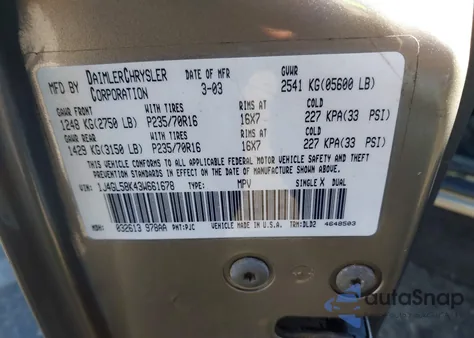 2003 Jeep Liberty Limited Edition из США, поврежденный, VIN 1J4GL58K43W661678